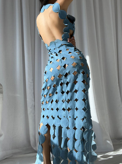 Denim Strapless Applique Fringe Tiered Maxi Dress