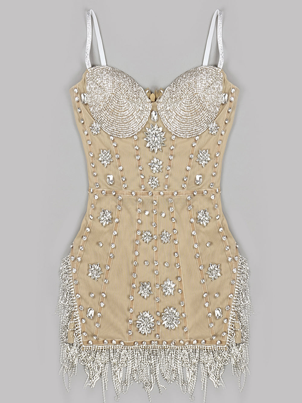 Sweetheart Rhinestone Beaded Fringe Corset Bodycon Mini Dress