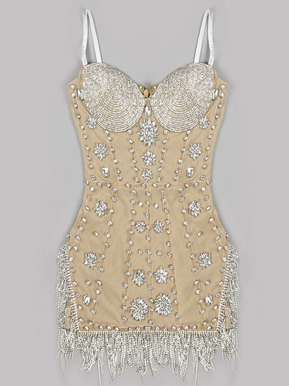 Sweetheart Rhinestone Beaded Fringe Corset Bodycon Mini Dress