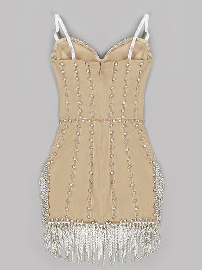 Sweetheart Rhinestone Beaded Fringe Corset Bodycon Mini Dress