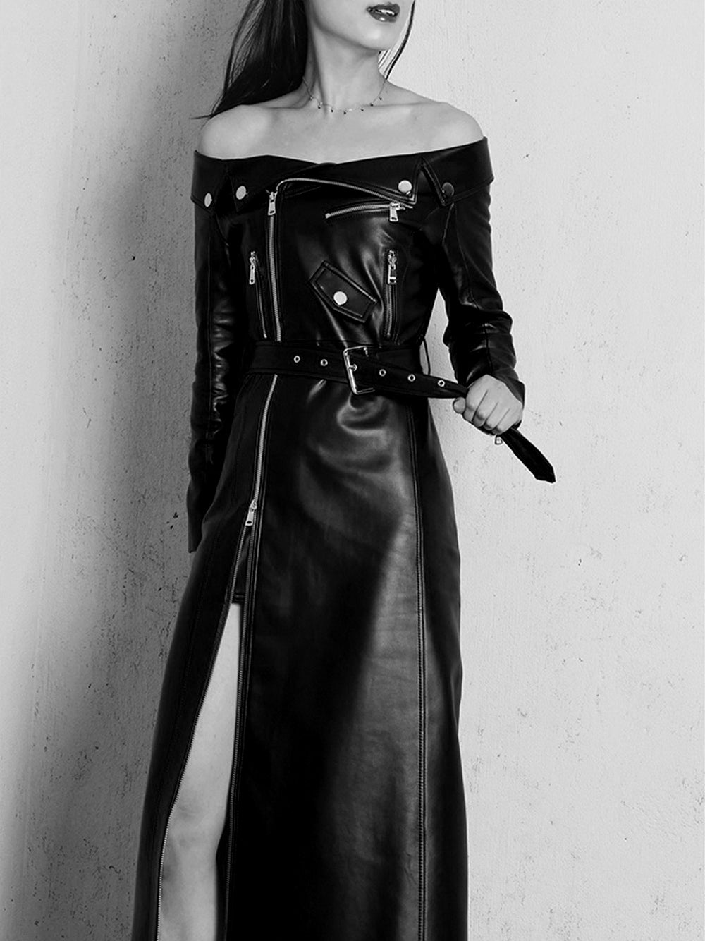 Off Shoulder Moto Zipper Belted Thigh Slit Faux Leather Maxi Dress