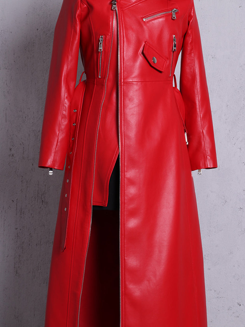 Off Shoulder Moto Zipper Belted Thigh Slit Faux Leather Maxi Dress