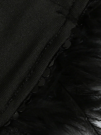 One Shoulder Long Sleeve Sequin Bodycon Feather Trim Mini Dress