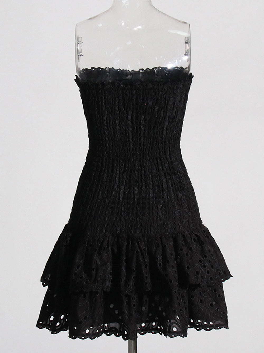Strapless Smocked Eyelet Embroidery Tiered Ruffle Scallop Hem Mini Dress