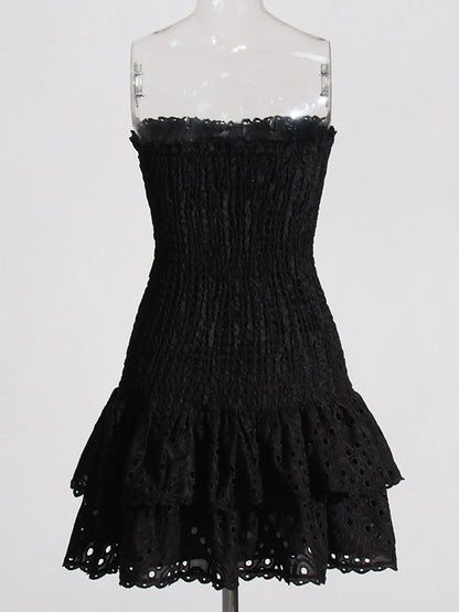 Strapless Smocked Eyelet Embroidery Tiered Ruffle Scallop Hem Mini Dress