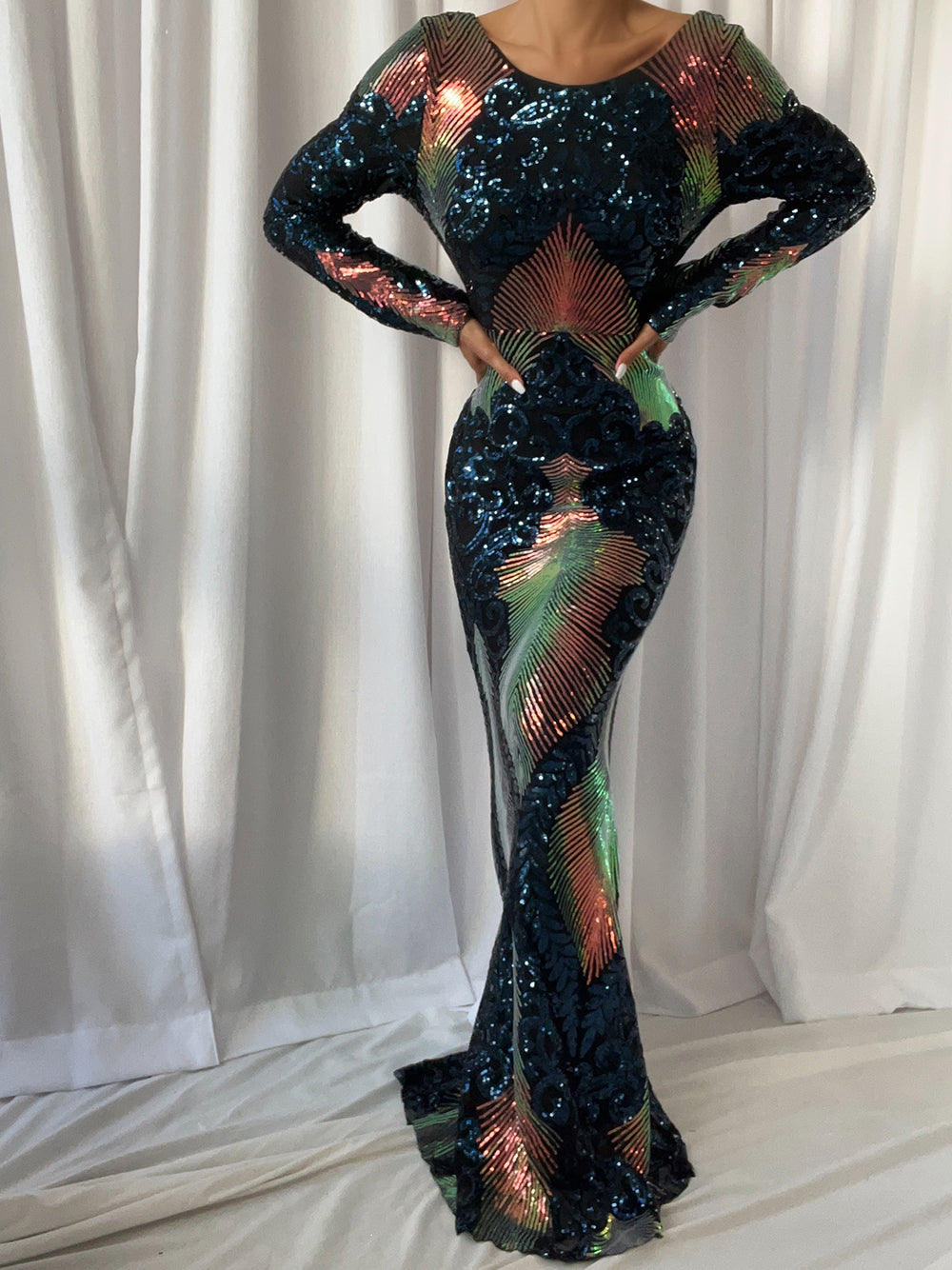 Crew Neck Long Sleeve Iridescent Sequin Fan Motif Bodycon Maxi Dress