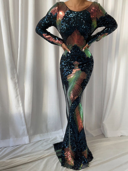 Crew Neck Long Sleeve Iridescent Sequin Fan Motif Bodycon Maxi Dress