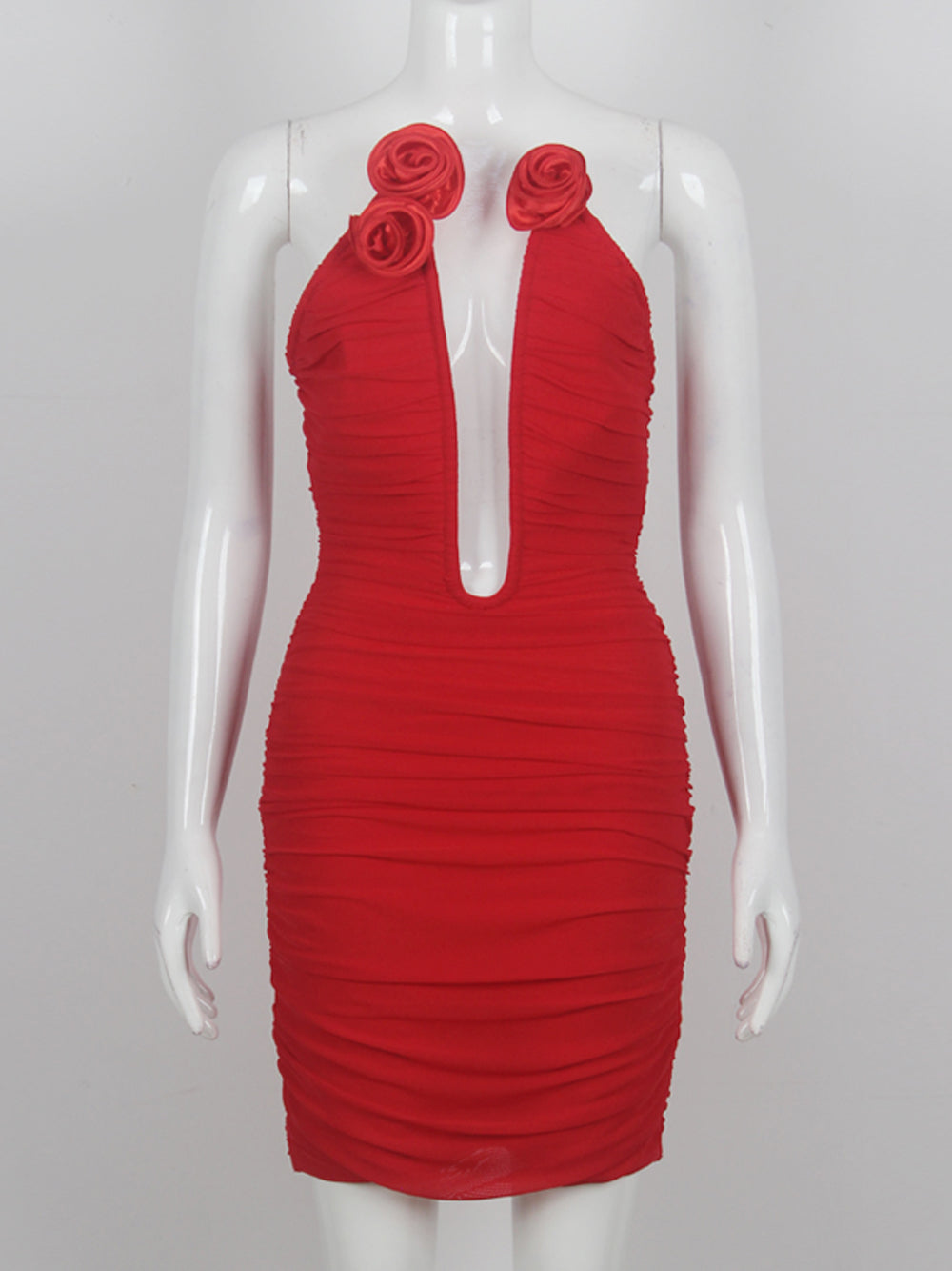 Halter Rosette Applique Deep Plunge Ruched Mesh Bodycon Mini Dress