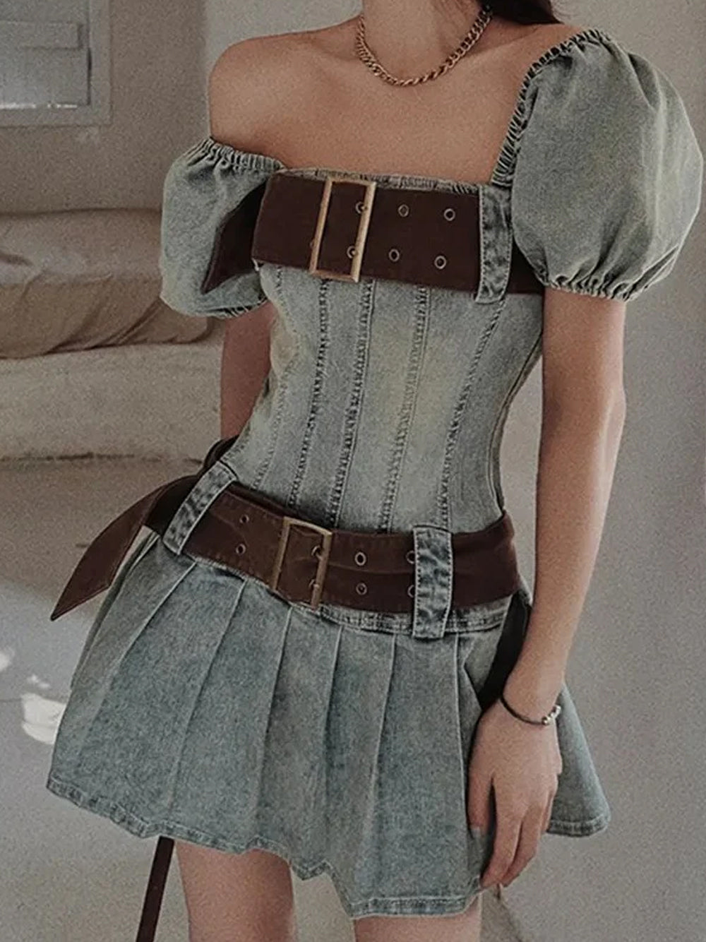 Square Neck Puff Sleeve Denim Fit and Flare Mini Dress