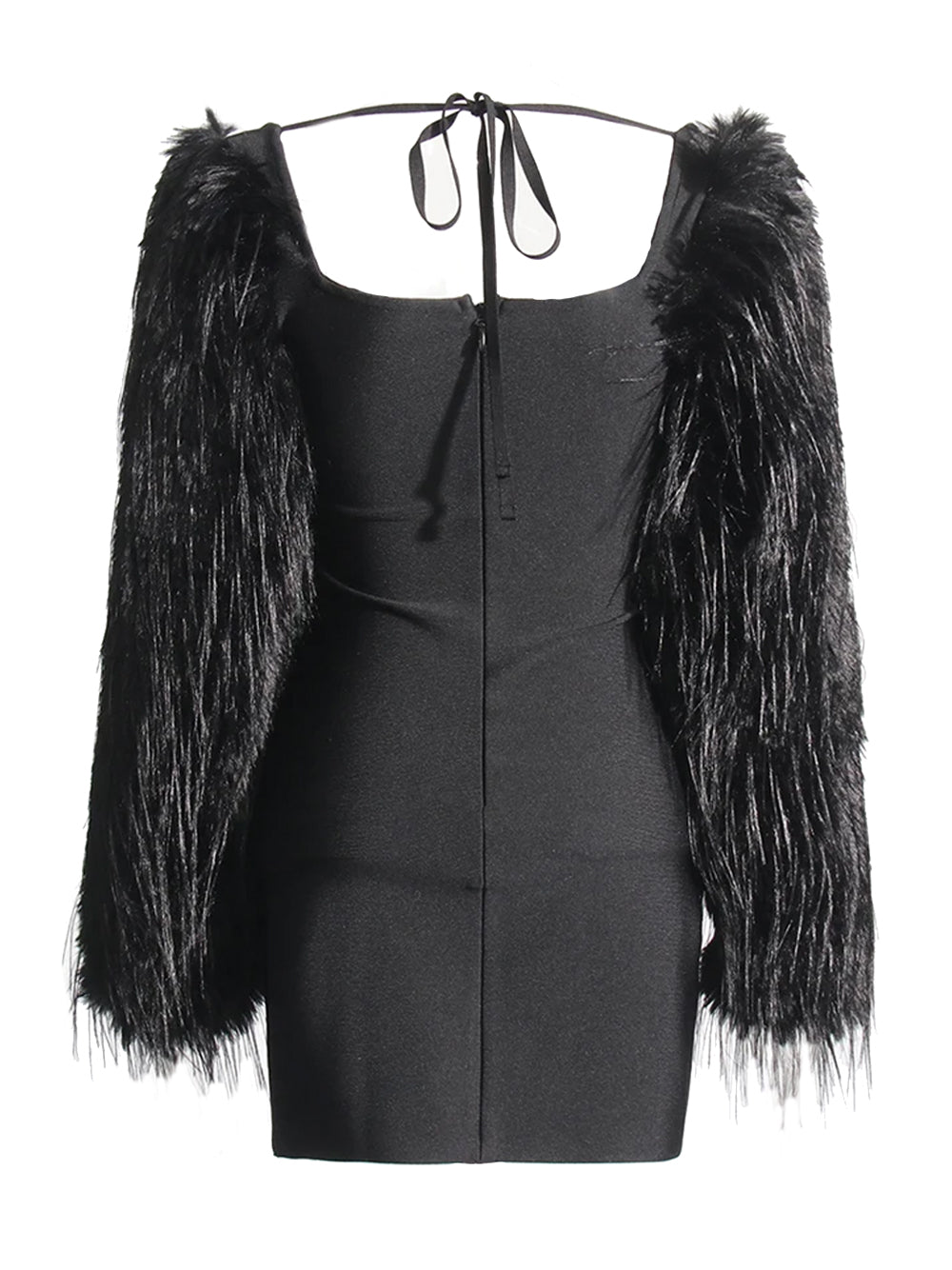Halter Rhinestone Bust Triangle Cutout Faux Fur Sleeve Mini Dress