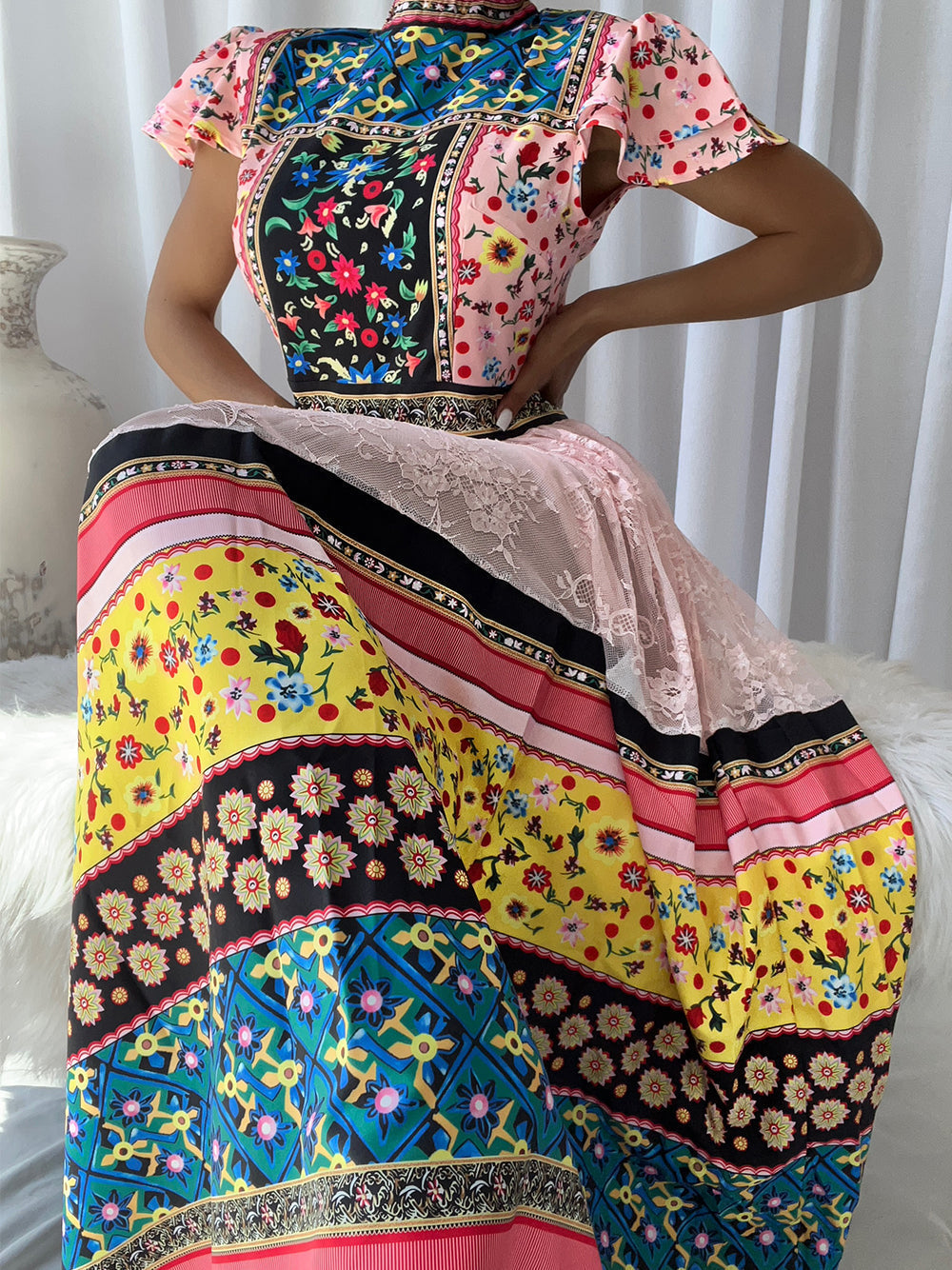 Mock Neck Mixed Print Tiered Lace Panel Maxi Dress