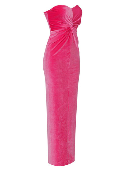 Strapless Sweetheart Velvet Twist Front Ruched Bodycon Maxi Dress