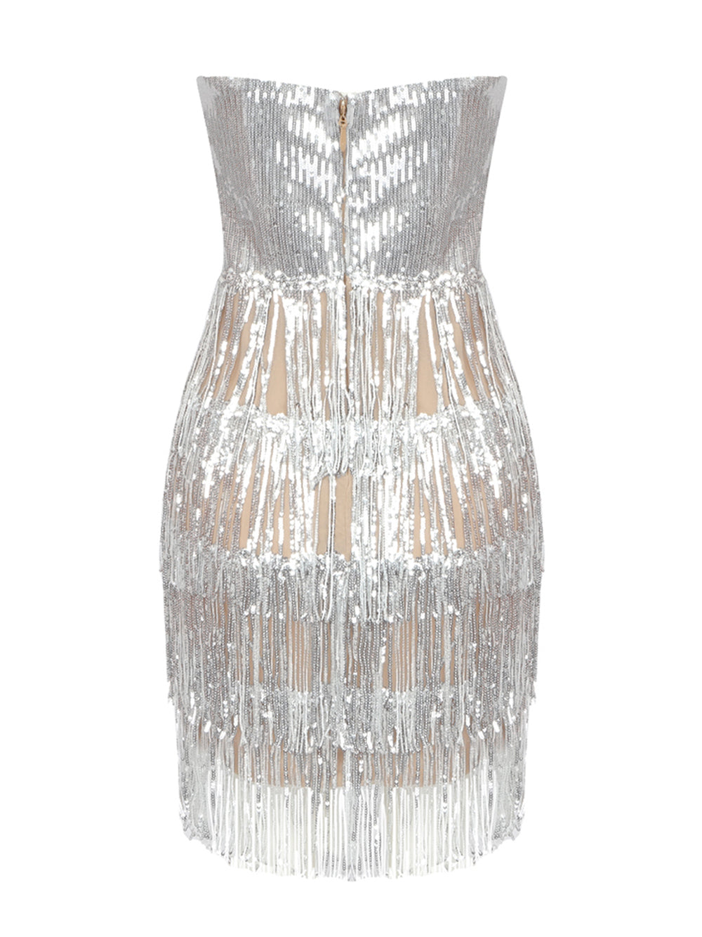 Deep V Neck Sequin Bodice Crystal Waistband Fringe Tier Mini Dress