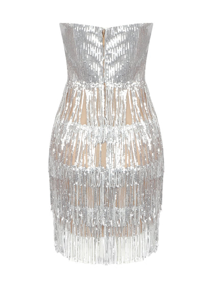 Deep V Neck Sequin Bodice Crystal Waistband Fringe Tier Mini Dress