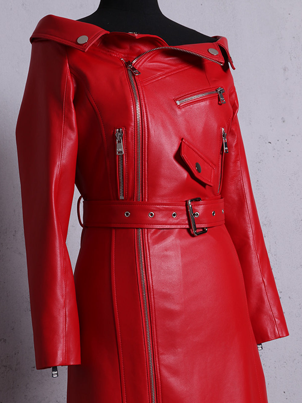 Off Shoulder Moto Zipper Belted Thigh Slit Faux Leather Maxi Dress
