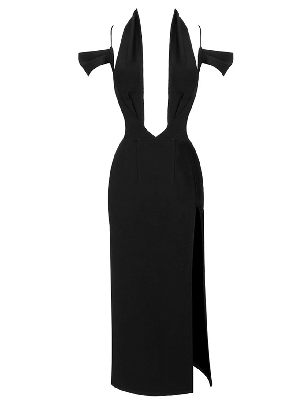 Halter Neck Cold Shoulder Pointed Sleeve High Slit Midi Dress