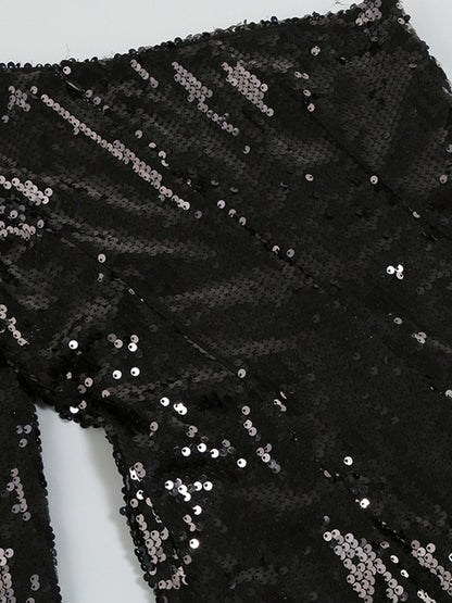 One Shoulder Long Sleeve Sequin Bodycon Feather Trim Mini Dress