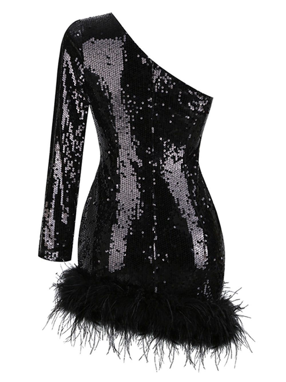 One Shoulder Long Sleeve Sequin Bodycon Feather Trim Mini Dress