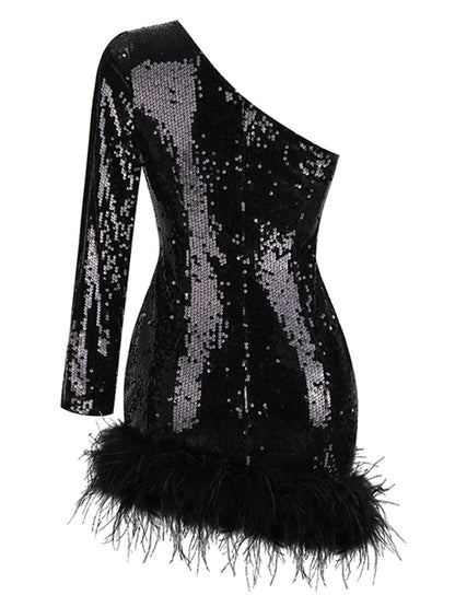 One Shoulder Long Sleeve Sequin Bodycon Feather Trim Mini Dress