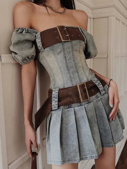 Square Neck Puff Sleeve Denim Fit and Flare Mini Dress