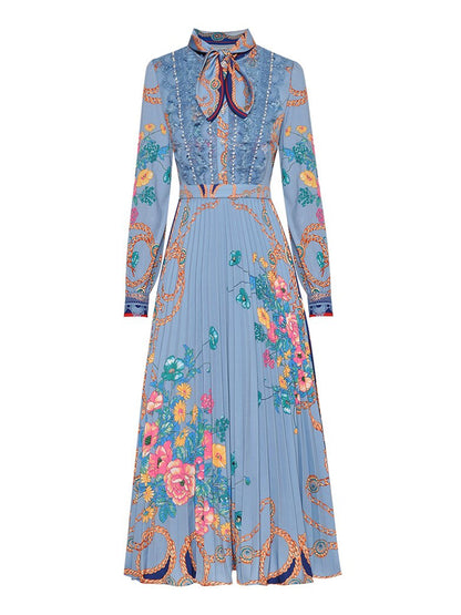 Tie Neck Lace Trim Bishop Sleeve Accordion Pleat Chain Floral Midi Dress