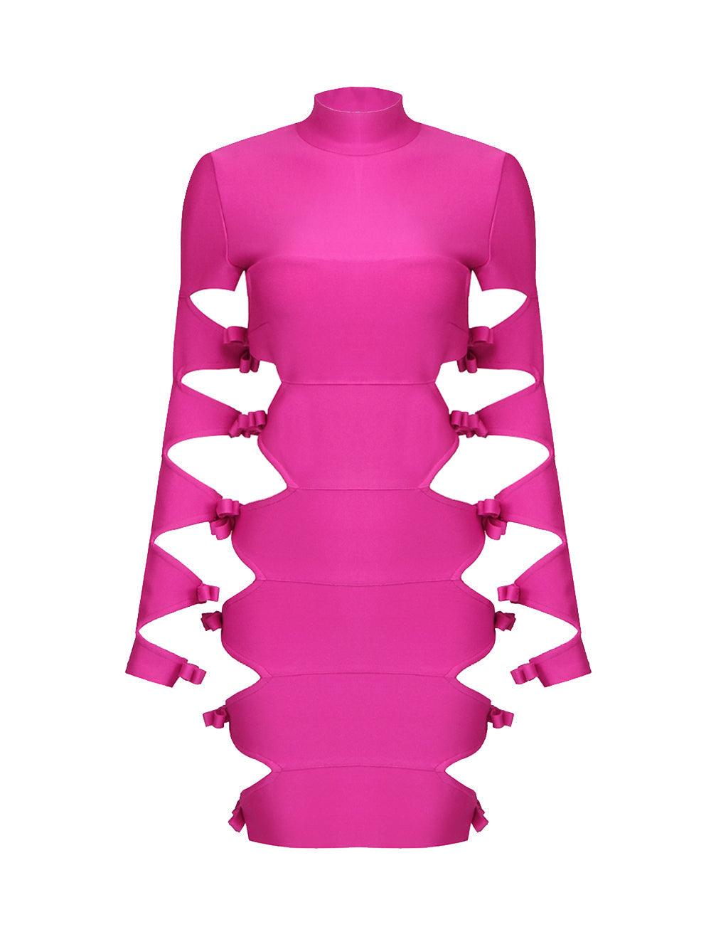 Mock Neck Long Sleeve Side Cutout Bow Detail Bandage Mini Dress