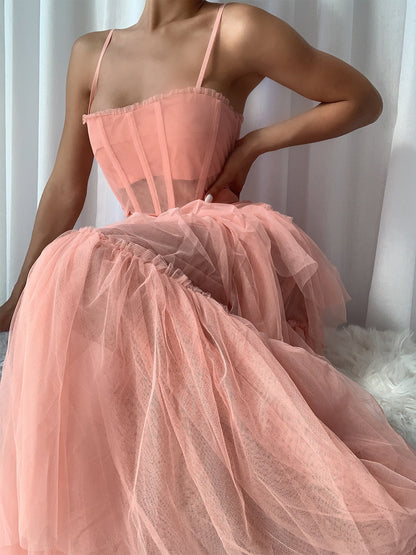Spaghetti Strap Corset Sweetheart Ruffle Trim Chevron Tiered Tulle Maxi Dress