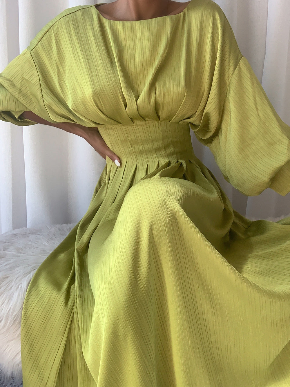 Round Neck Pleated Waist Bishop Sleeve Flared Midi Dress