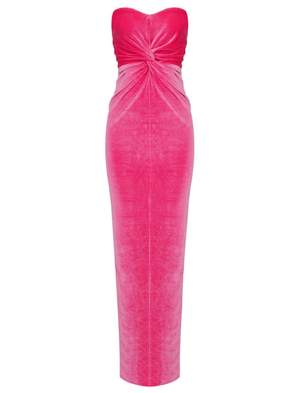 Strapless Sweetheart Velvet Twist Front Ruched Bodycon Maxi Dress