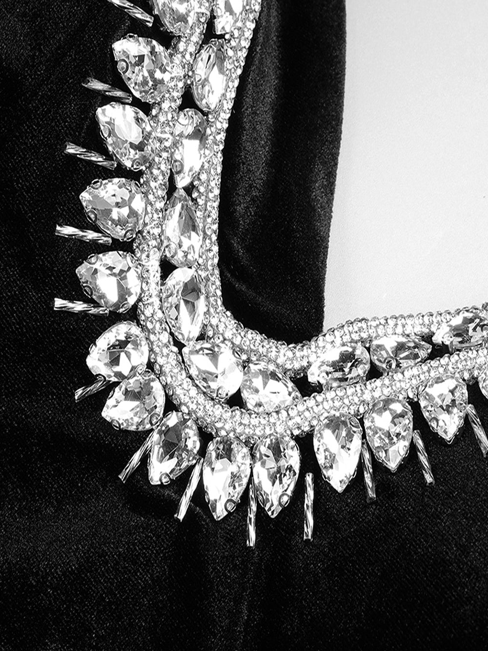 Plunging V Neck Rhinestone Scroll Trim Velvet Thigh Slit Maxi Gown