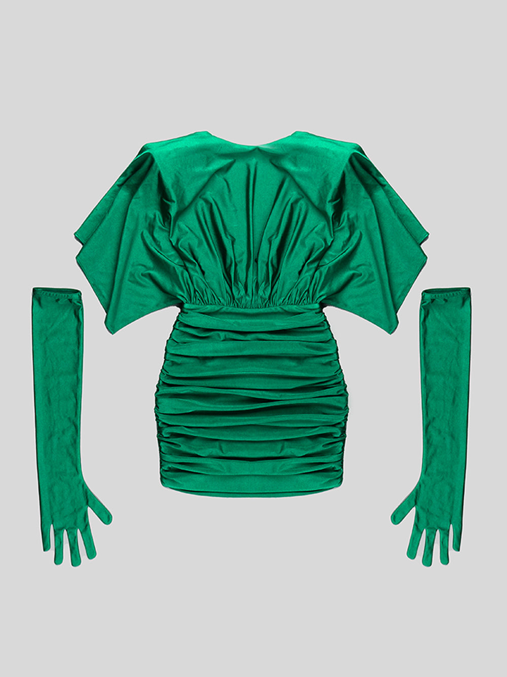 Plunging V Neck Ruched Cape Sleeve Glove Opera Mini Dress