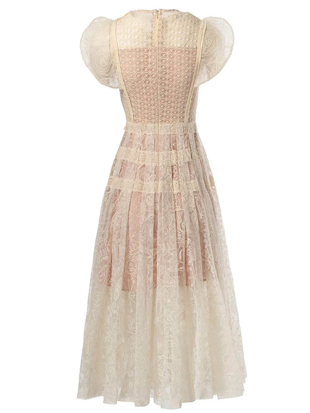 Crew Neck Puff Sleeve Floral Crochet Applique Lace Tiered Midi Dress