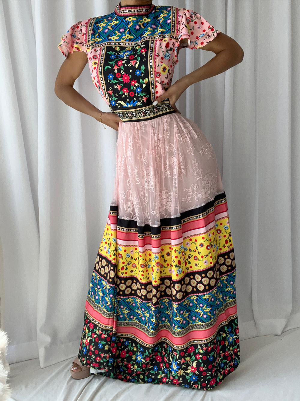 Mock Neck Mixed Print Tiered Lace Panel Maxi Dress