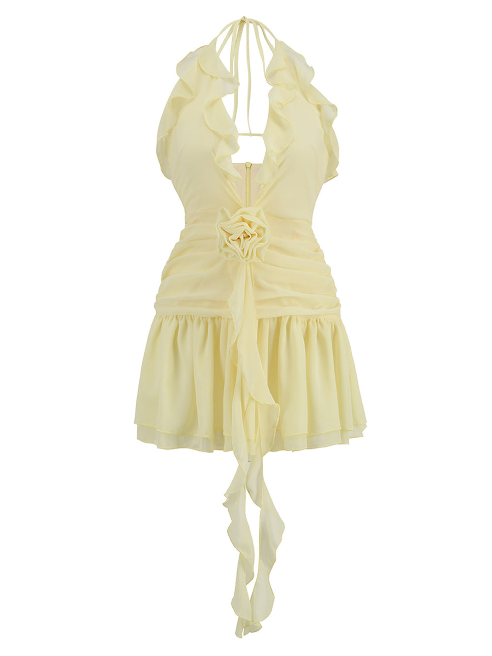 Halter Neck Ruffle Trim 3D Rosette Waist Tiered Flare Mini Dress