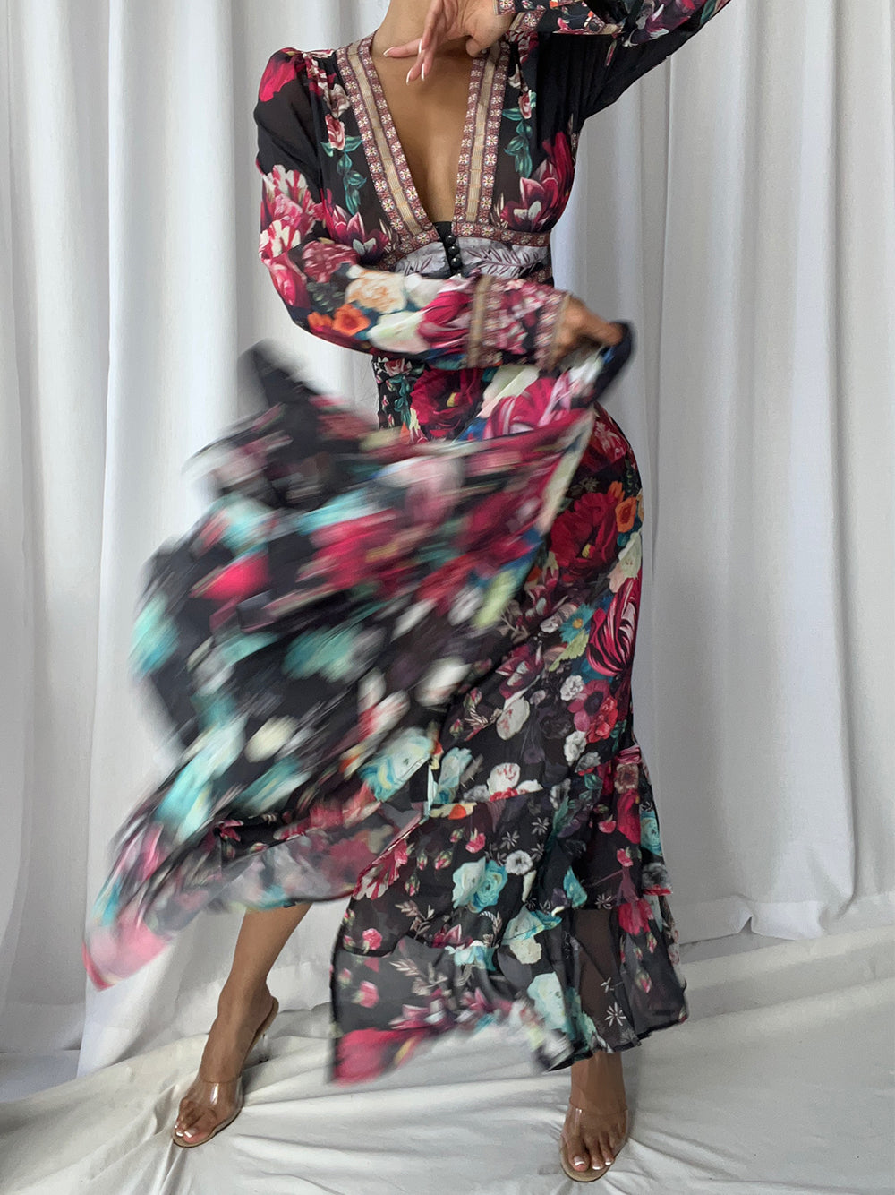 Deep V Neck Empire Waist Border Trim Button Tiered Floral Maxi Dress