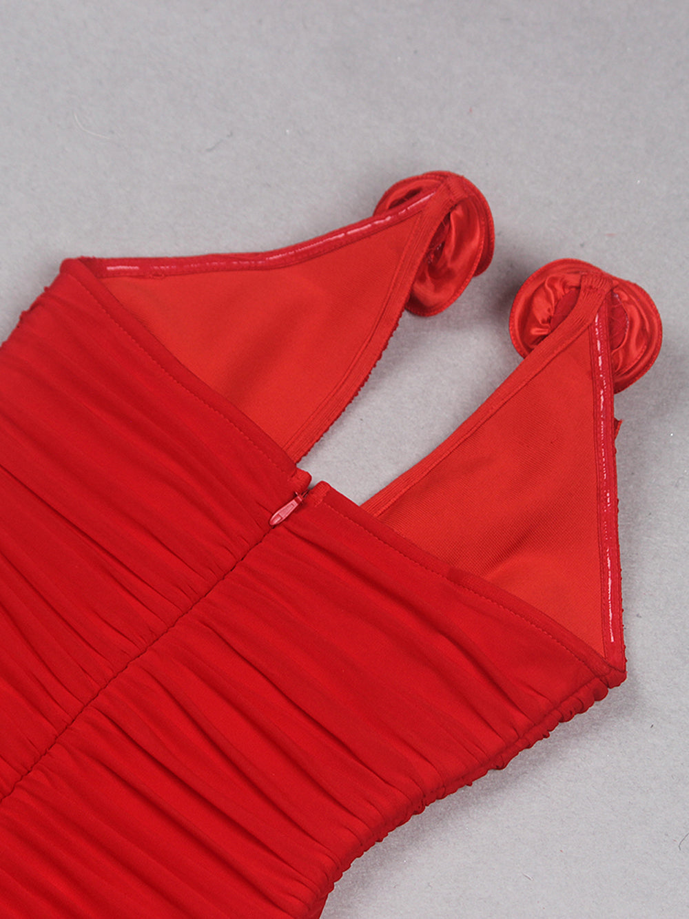 Halter Rosette Applique Deep Plunge Ruched Mesh Bodycon Mini Dress