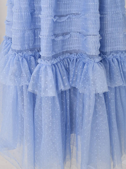 Crew Neck Swiss Dot Tiered Ruffle Short Sleeve Floor Length Gown
