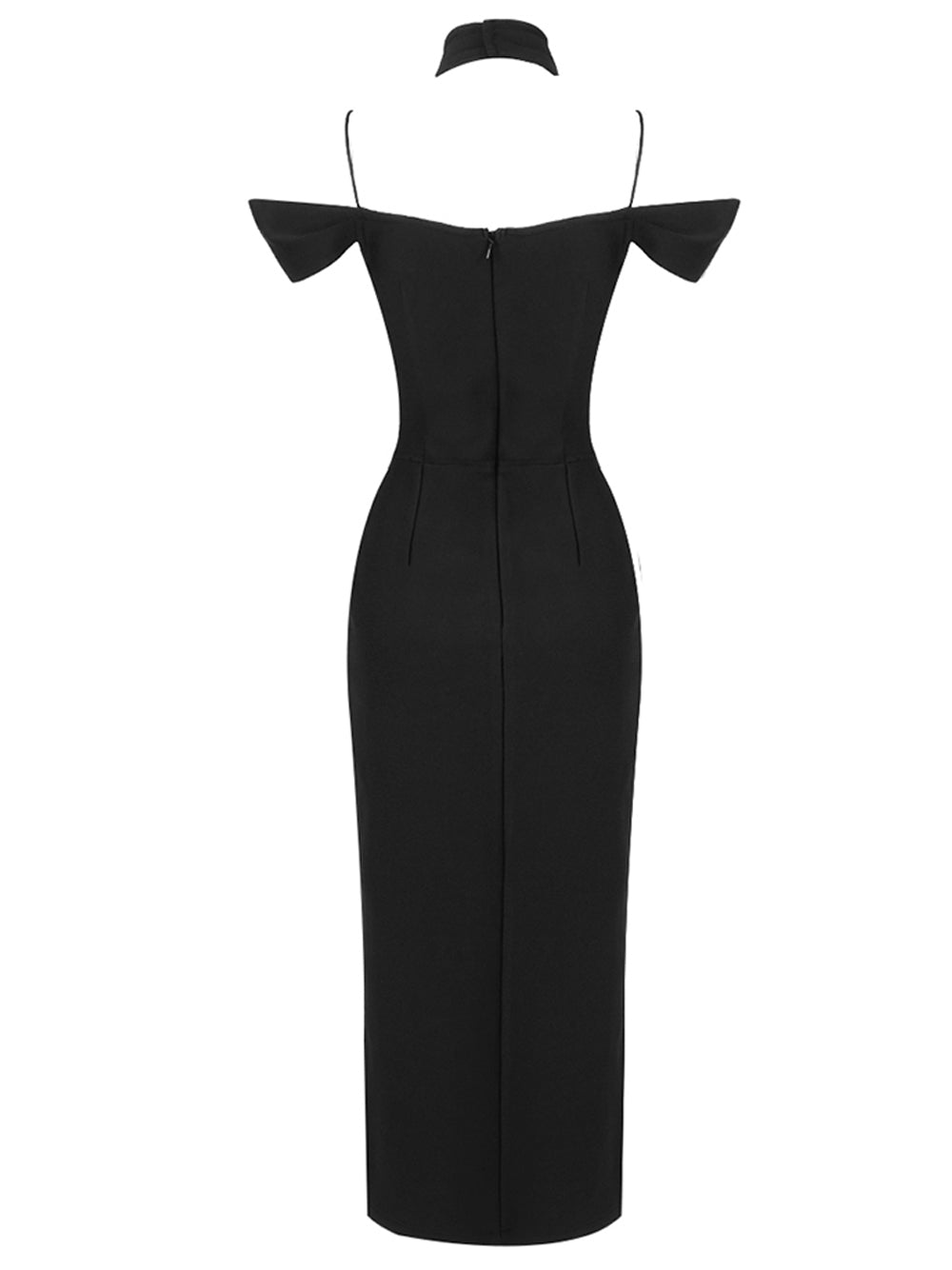 Halter Neck Cold Shoulder Pointed Sleeve High Slit Midi Dress