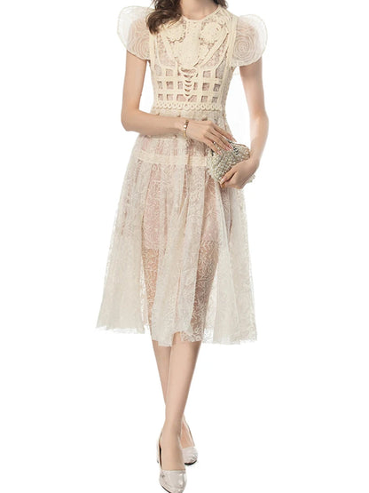 Crew Neck Puff Sleeve Floral Crochet Applique Lace Tiered Midi Dress