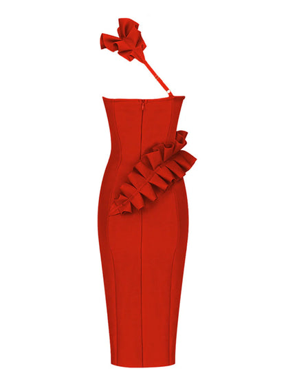 One Shoulder Cascading Ruffle Waist Detail High Slit Bodycon Midi Dress