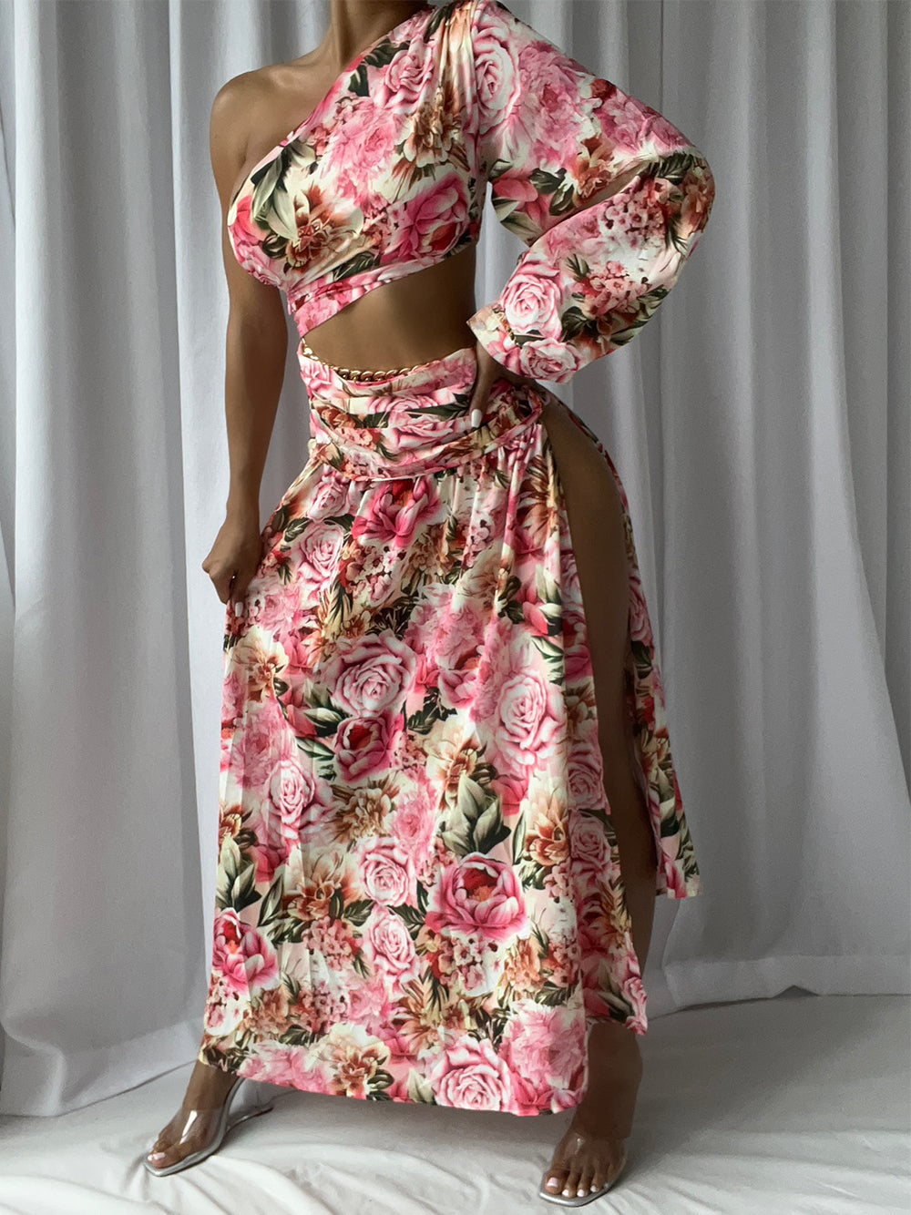 One Sleeve Draped Cutout Maxi Dress