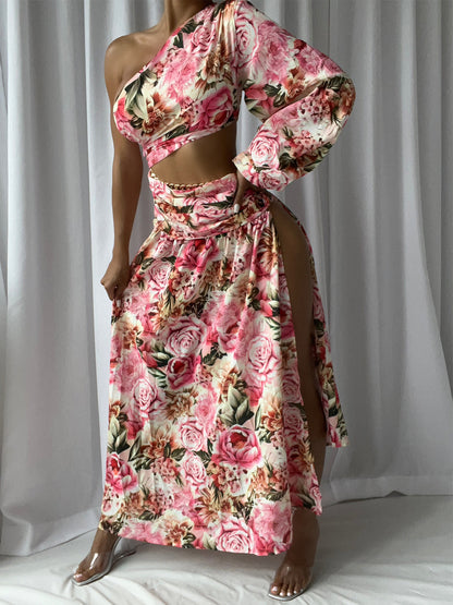 One Sleeve Draped Cutout Maxi Dress