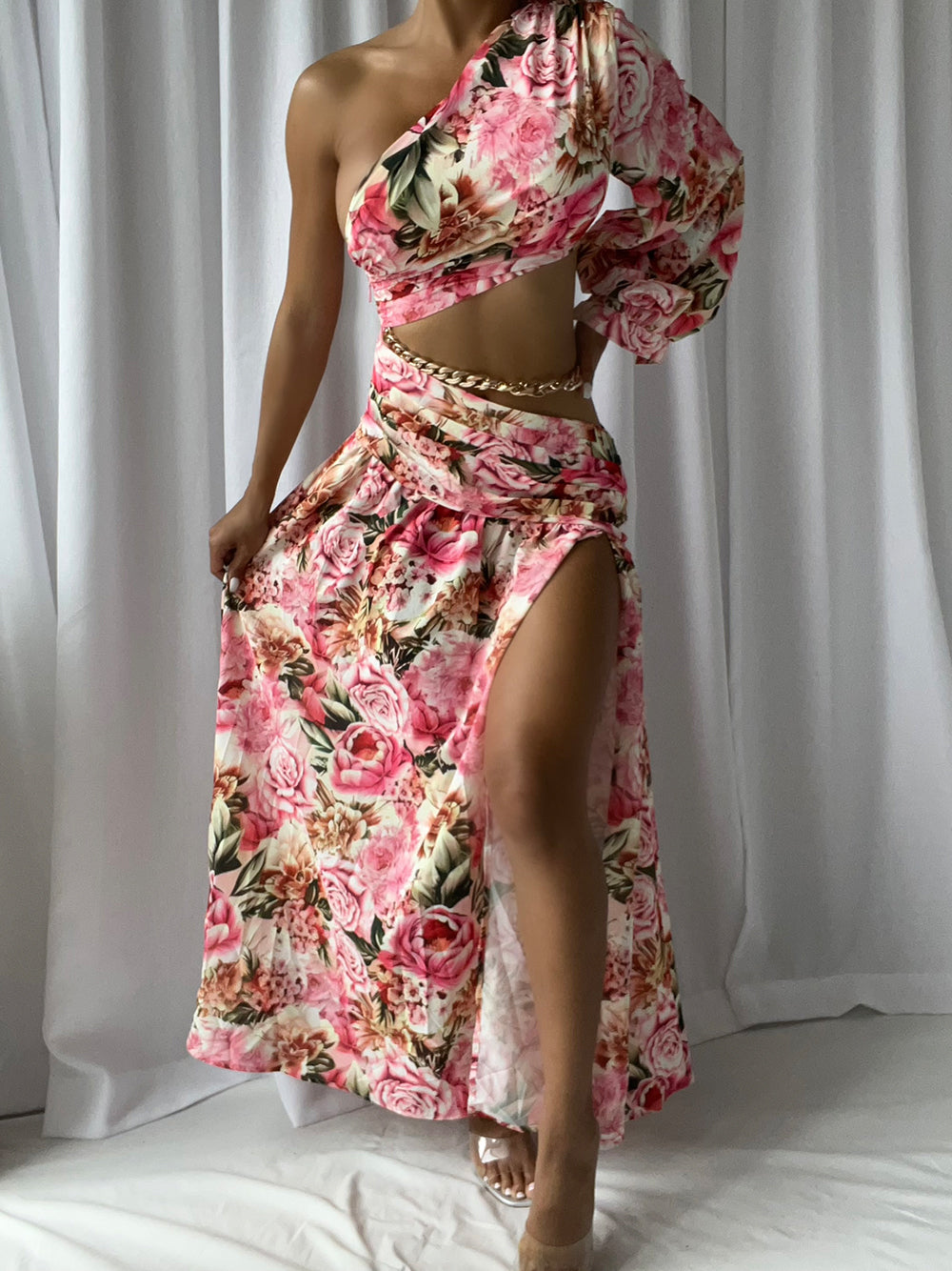 One Sleeve Draped Cutout Maxi Dress