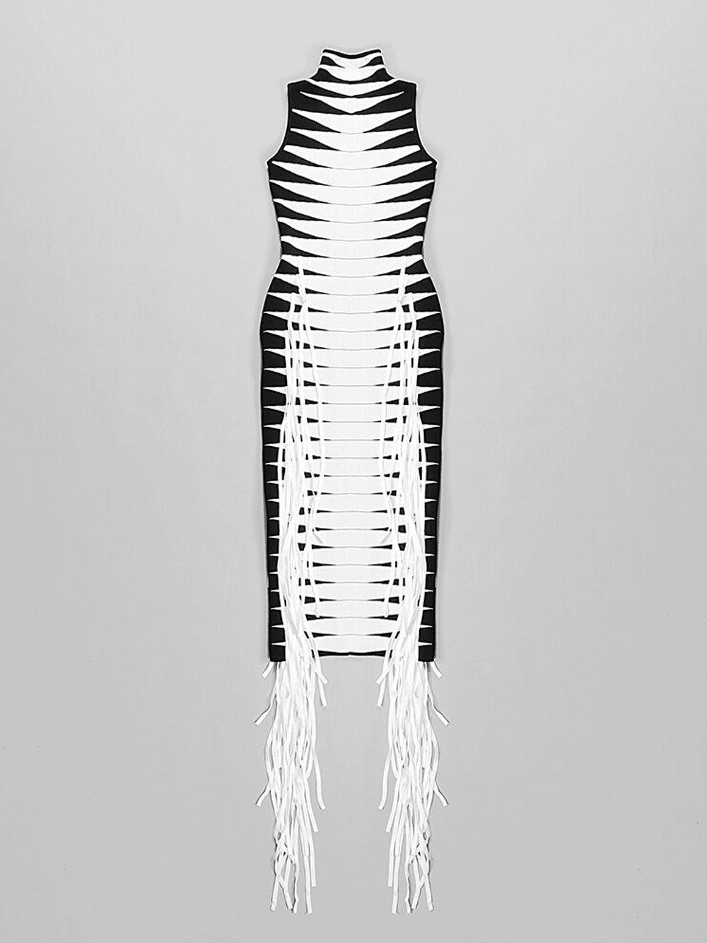 Mock Neck Sleeveless Graphic Stripe Side Fringe Bodycon Midi Dress