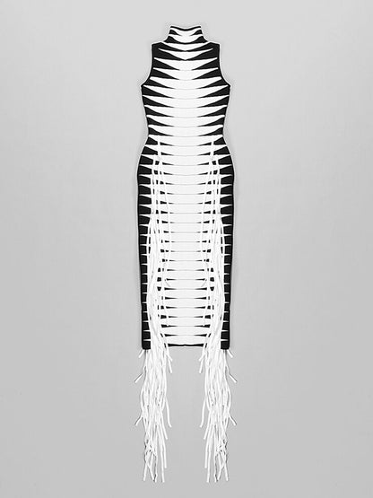 Mock Neck Sleeveless Graphic Stripe Side Fringe Bodycon Midi Dress