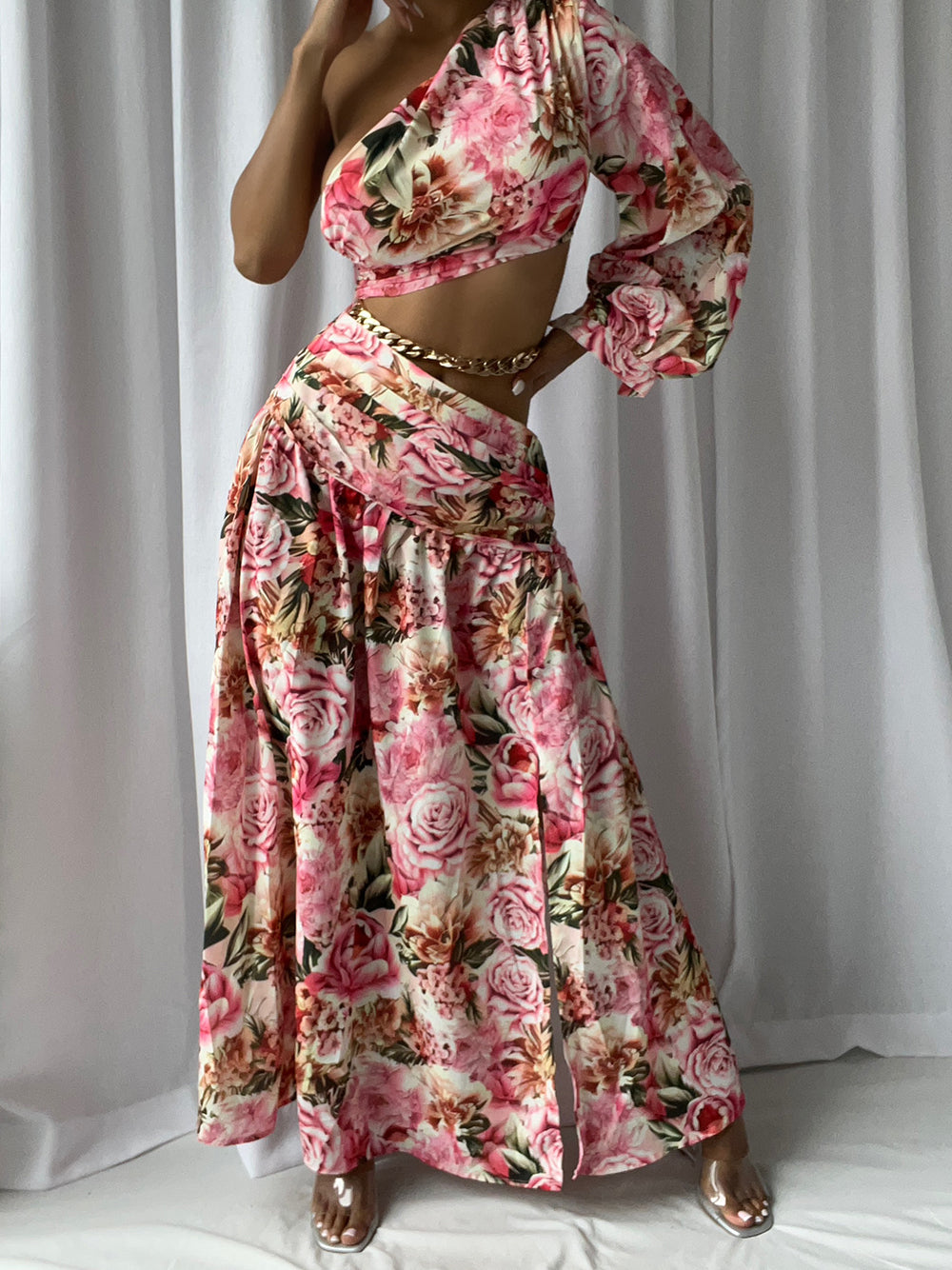 One Sleeve Draped Cutout Maxi Dress