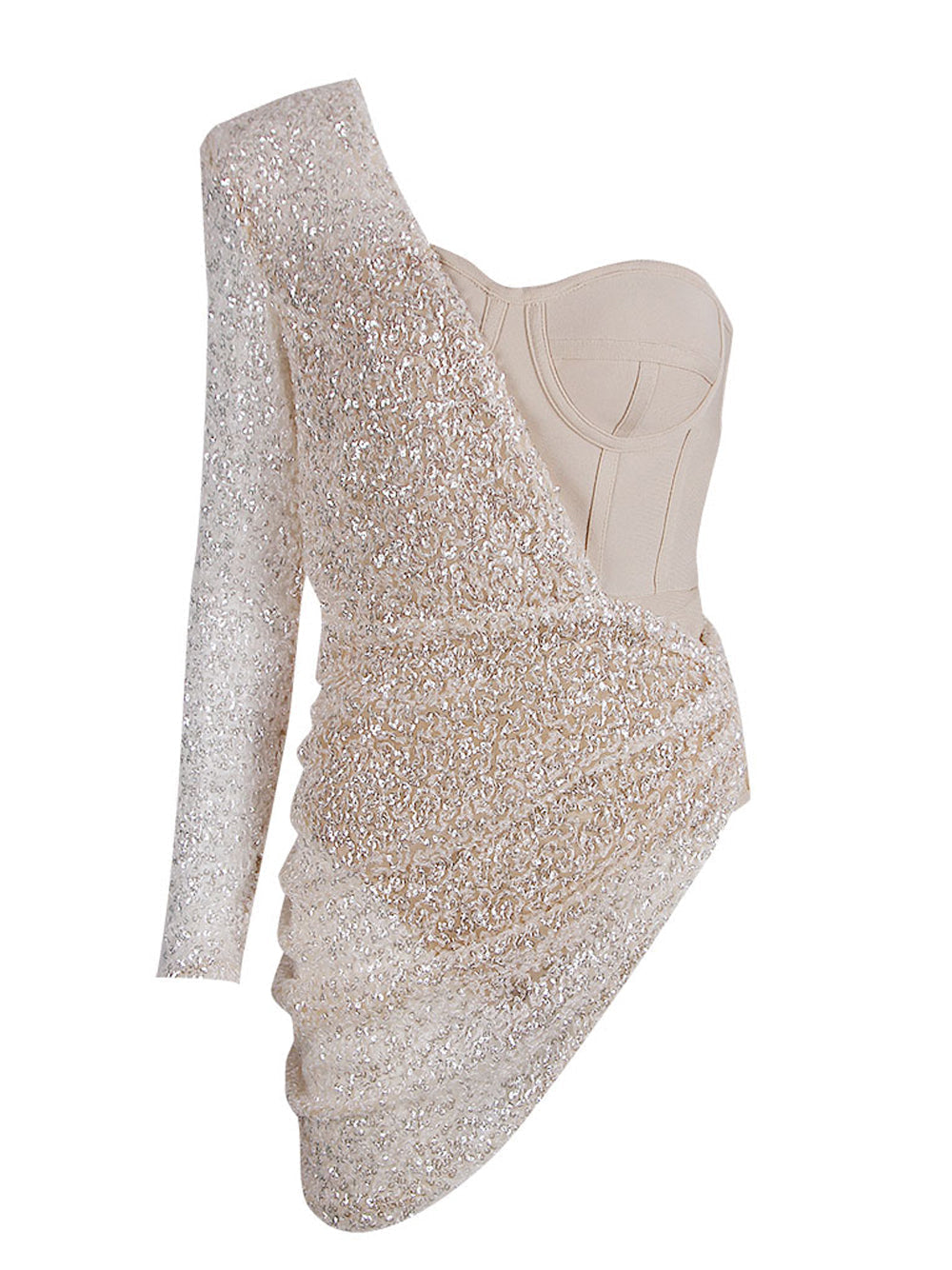 One Shoulder Single Sleeve Sequin Draped Bustier Mini Dress