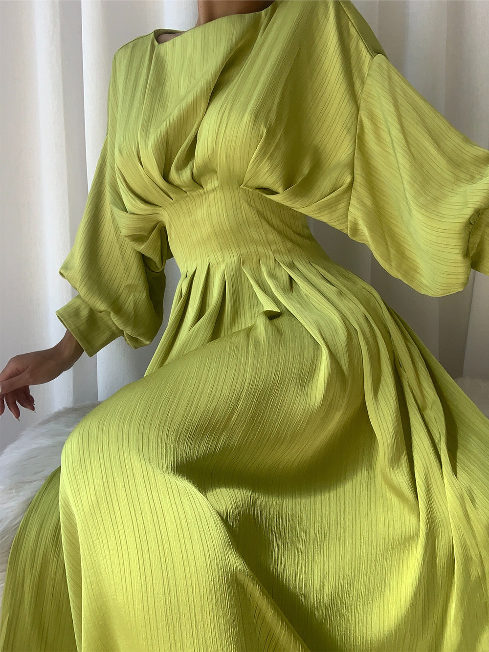 Round Neck Pleated Waist Bishop Sleeve Flared Midi Dress