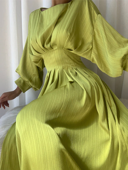 Round Neck Pleated Waist Bishop Sleeve Flared Midi Dress