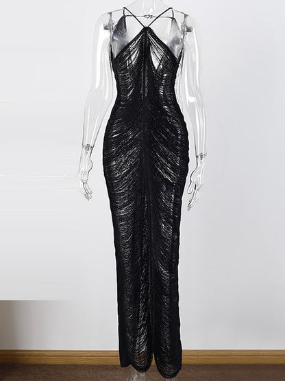 Halter Neck Tassel Fringe Trim High Slit Maxi Dress
